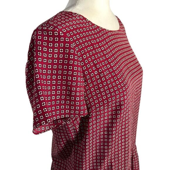 Madewell Women's Size 2 Silk Short Sleeve Ascot Tile Drop Waist Dress Burgundy - Picture 3 of 12